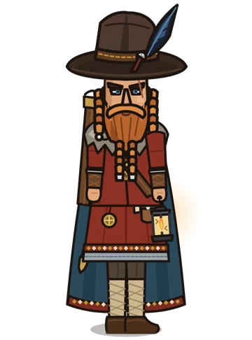 Der Wegfinder: a bearded cartographer with a wide hat, a feather, a long blue cloak and a lantern